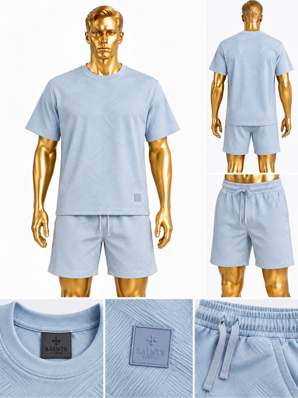 Saints Studio Men’s Light Blue Textured T-Shirt & Shorts Set Size Large NWT